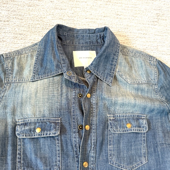 90s Life in Progress Distressed Denim Shirt Dress Roll Tab Sleeve Womans Size S - Picture 6 of 16